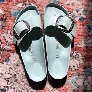 Birkenstock Aqua Mint Green Madrid Big Buckle Slides with Silver Buckle, size 9